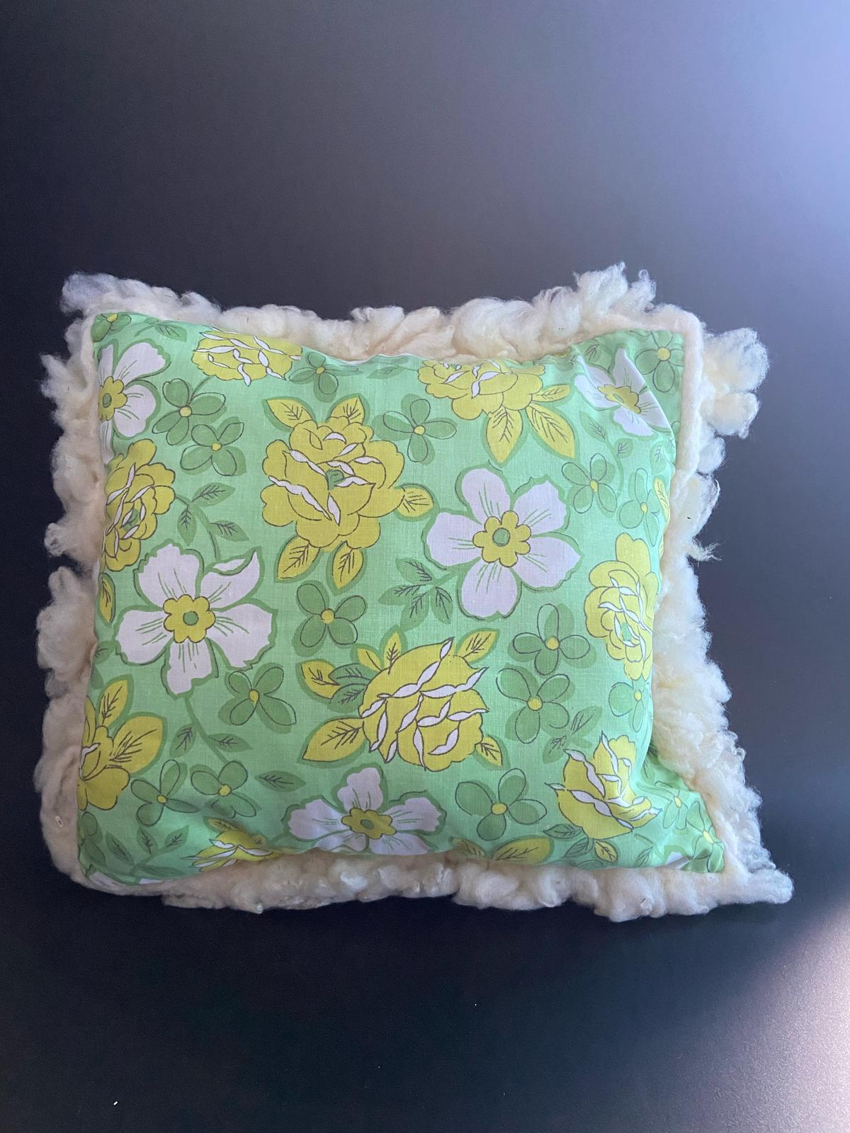White felted wool cushion with upcycled fabric rear side #1