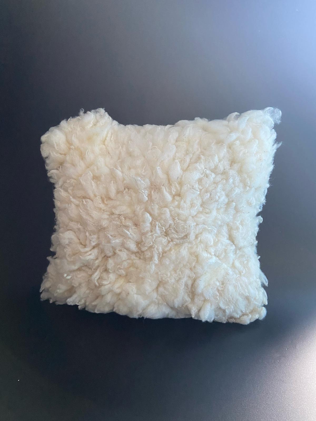 White felted wool cushion with upcycled fabric rear side #1